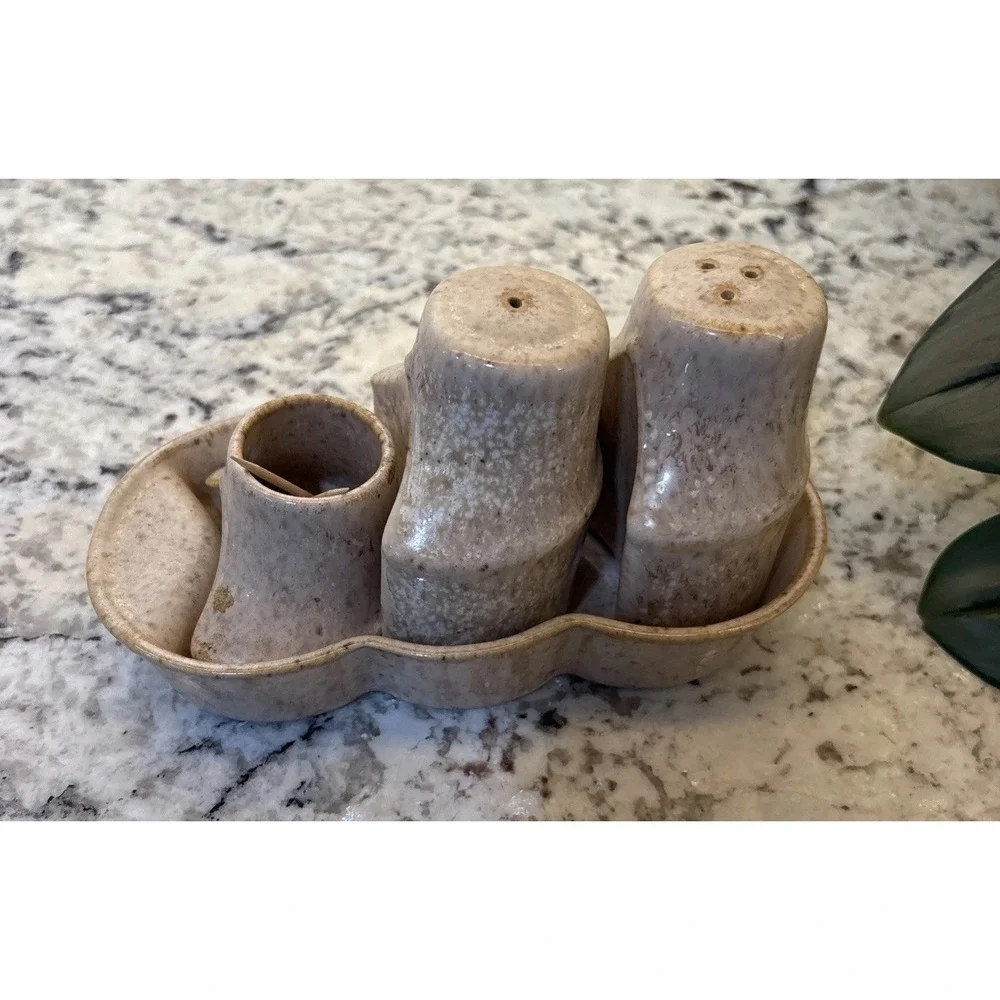 Vintage Israel Salt and Pepper Nurit Pottery Abstract MCM Toothpick Holder Caddy